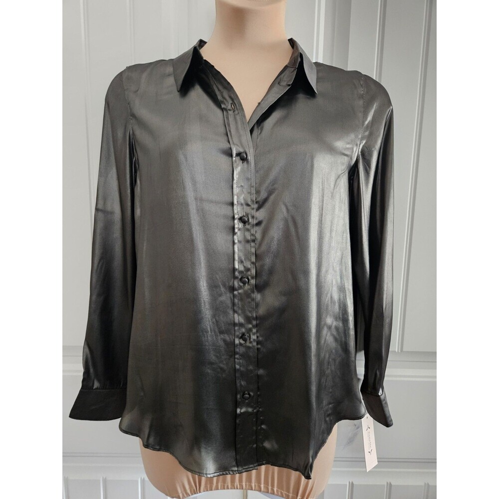 Nanette Lepore Charcoal Shiny Button Up Blouse Long Sleeve Sz L